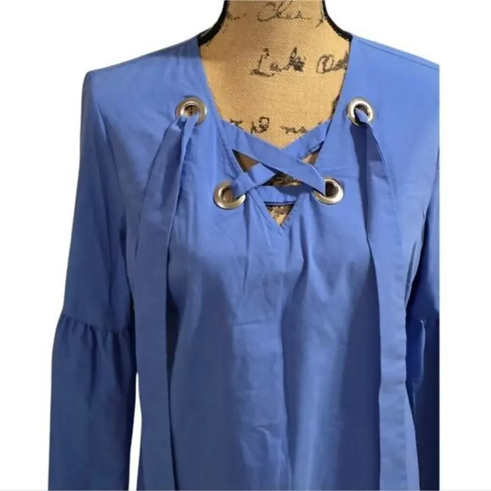 Michael Kors‎ Blue Grommet Lace Up Bell Sleeve Blouse Womens Medium M
